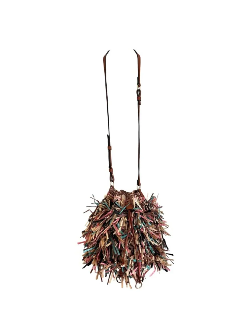 Ulla Johnson Raffia Fringe Gigi Drawstring Bag Leather Trim Crossbody Shoulder B
